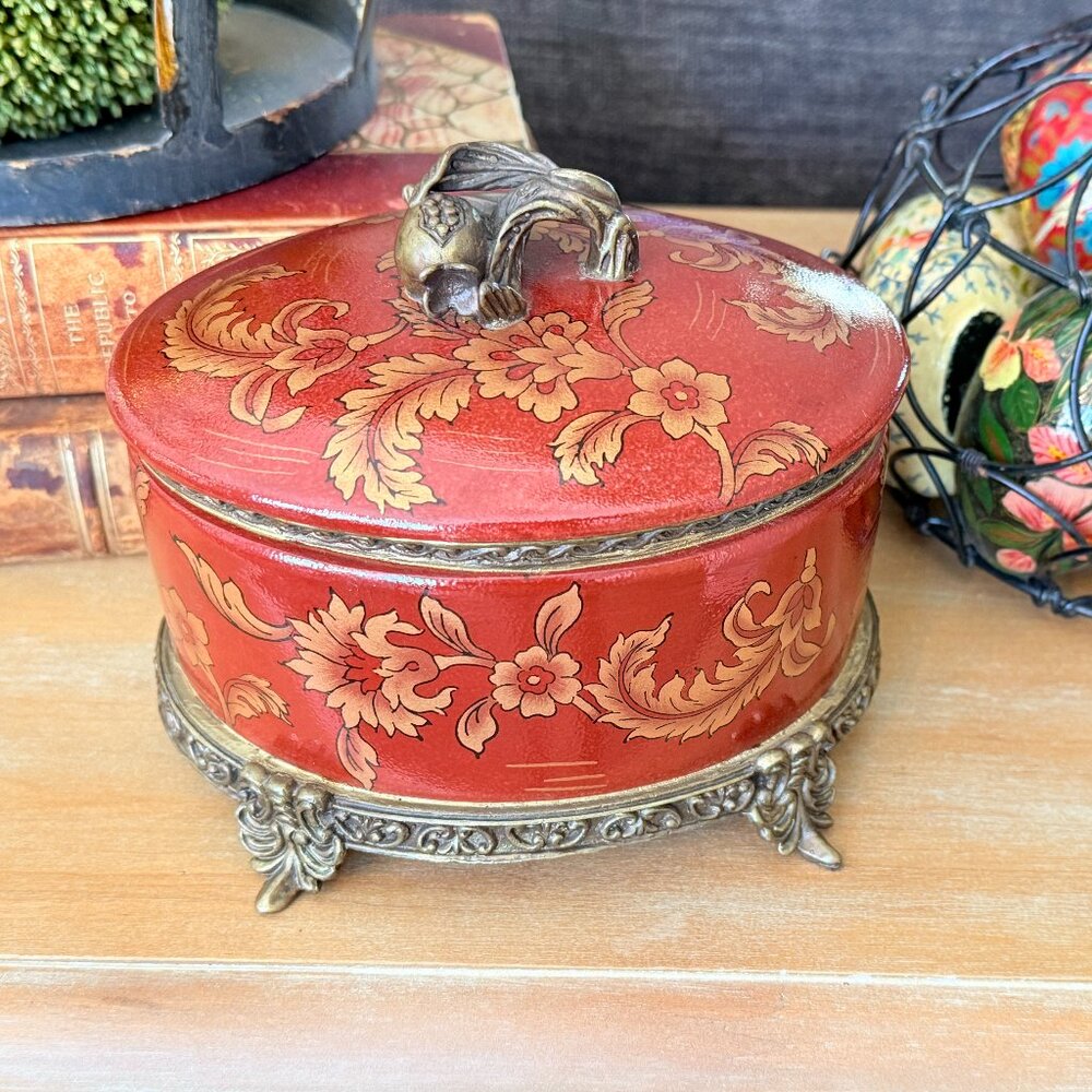 Large Vintage Porcelain and Brass Oval Trinket Box in Rust and Gold - Picture 15 of 17